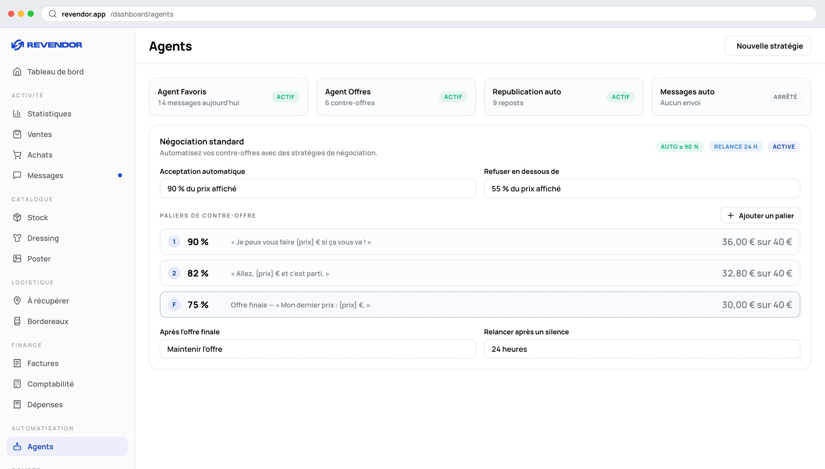 Einstellungen der Verhandlungsstrategie im Revendor-Dashboard
