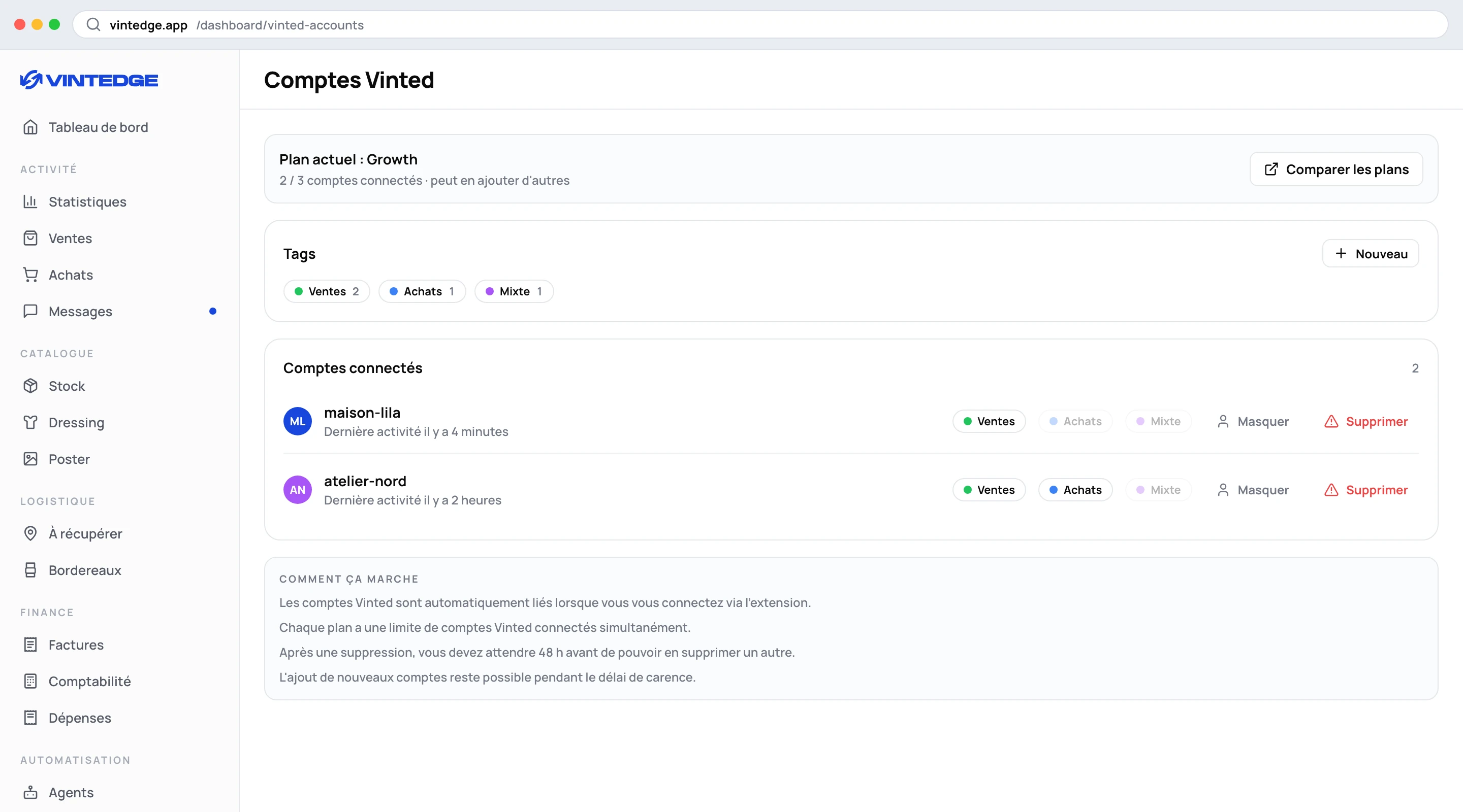 The Vinted Accounts page, with the tags and the list of connected accounts