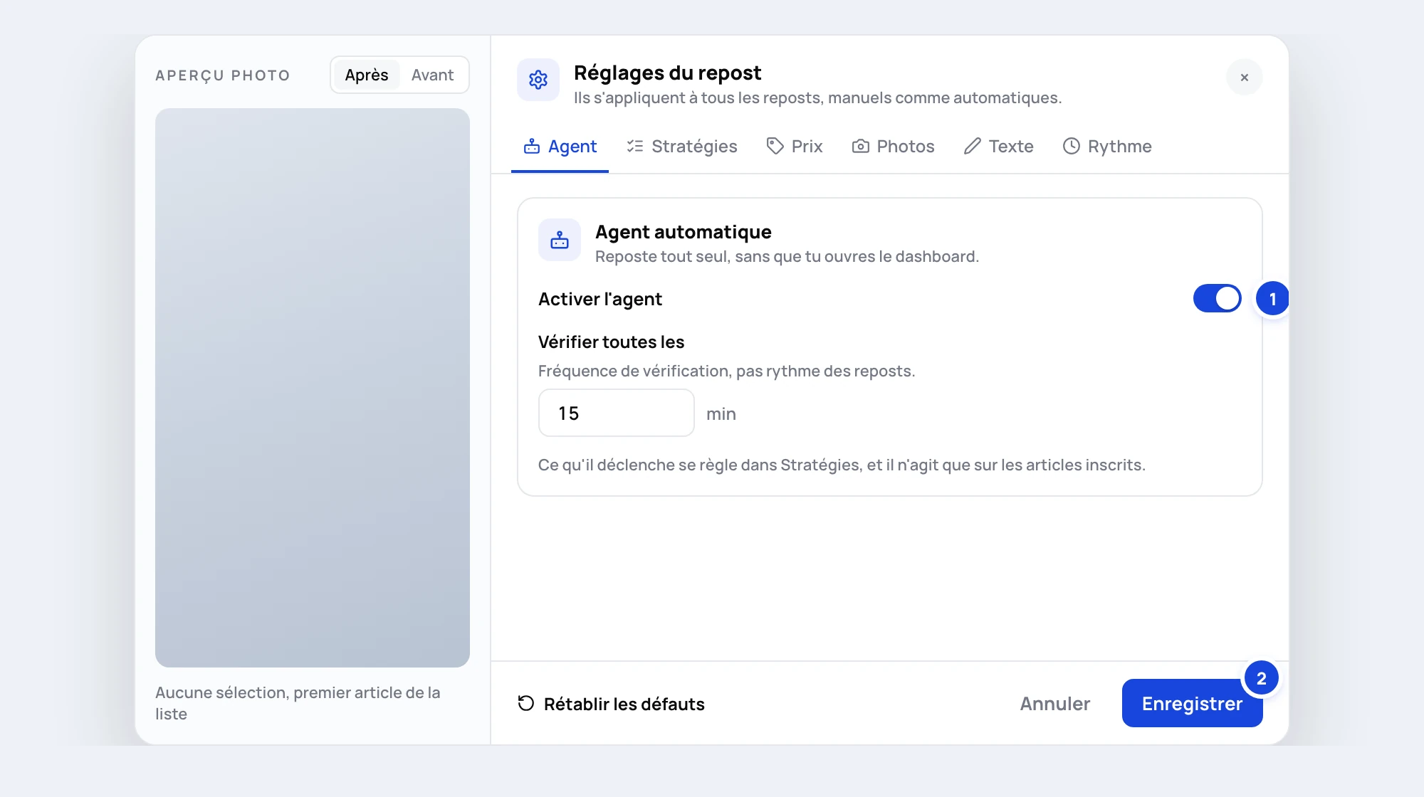The Agent tab of the repost settings, with the Enable the agent switch and the Save button