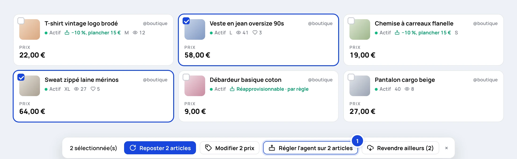 Two items selected in the Wardrobe and the bottom bar with Set the agent on 2 items