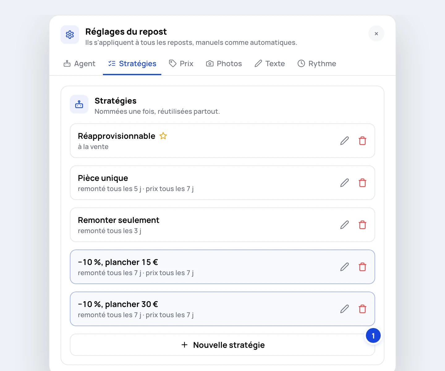 The Strategies tab: the three built-in strategies, two custom ones and the New strategy button