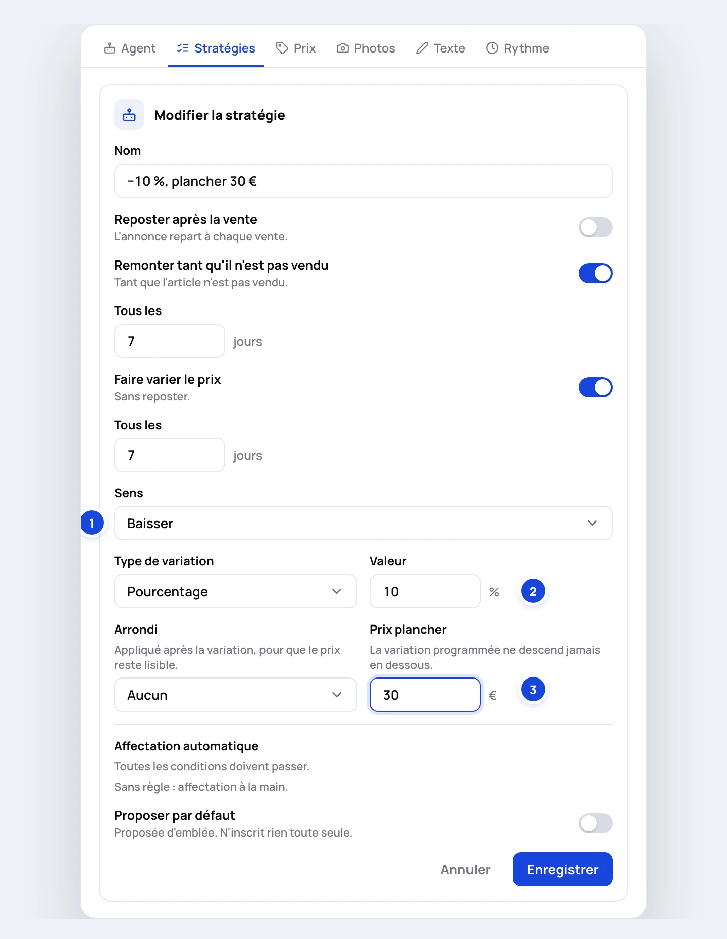 A strategy editor: bump every 7 days, lower by 10% every 7 days, floor price €30