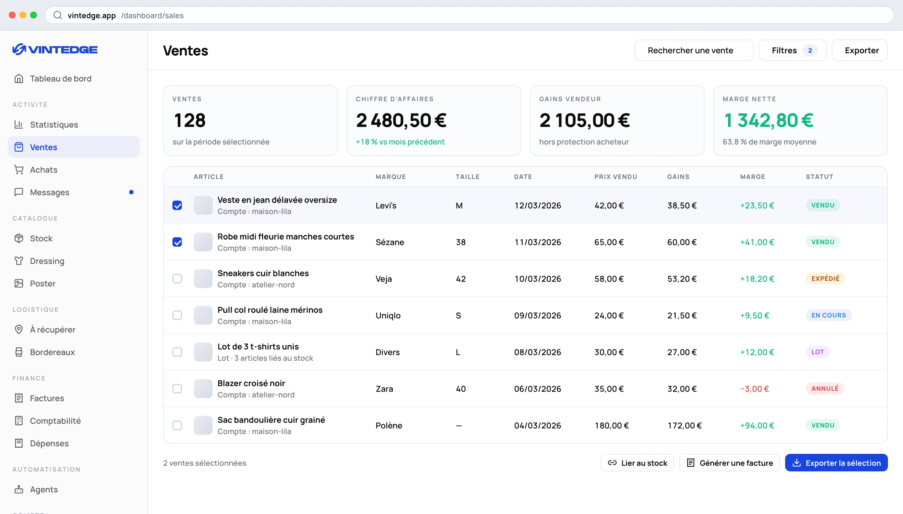 The dashboard Sales page, with the period indicators and multiple selection