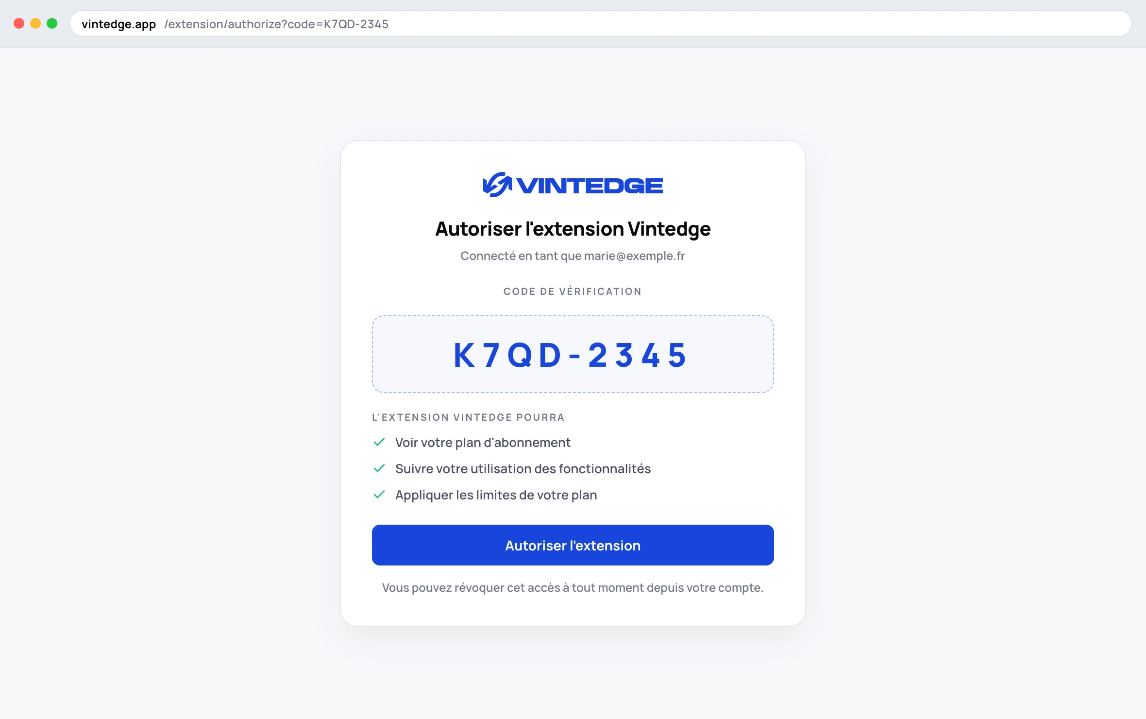 The authorization page on the dashboard, with the code to confirm