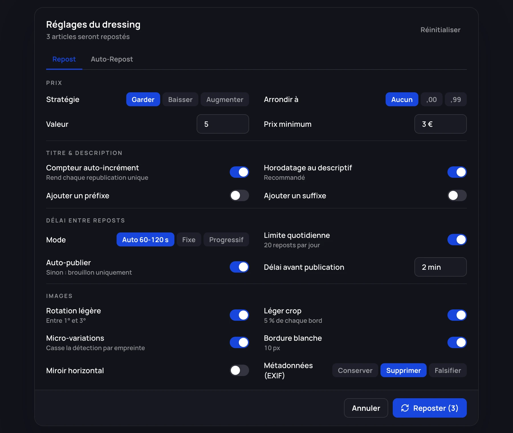 The repost settings window, Repost tab