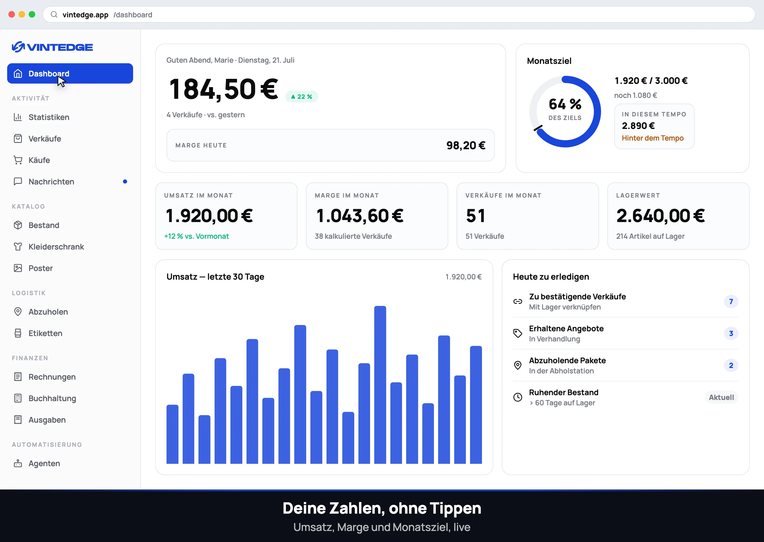 Das Revendor-Dashboard im Einsatz: synchronisierte Verkäufe, Lager, Nachrichten und automatische Agenten.