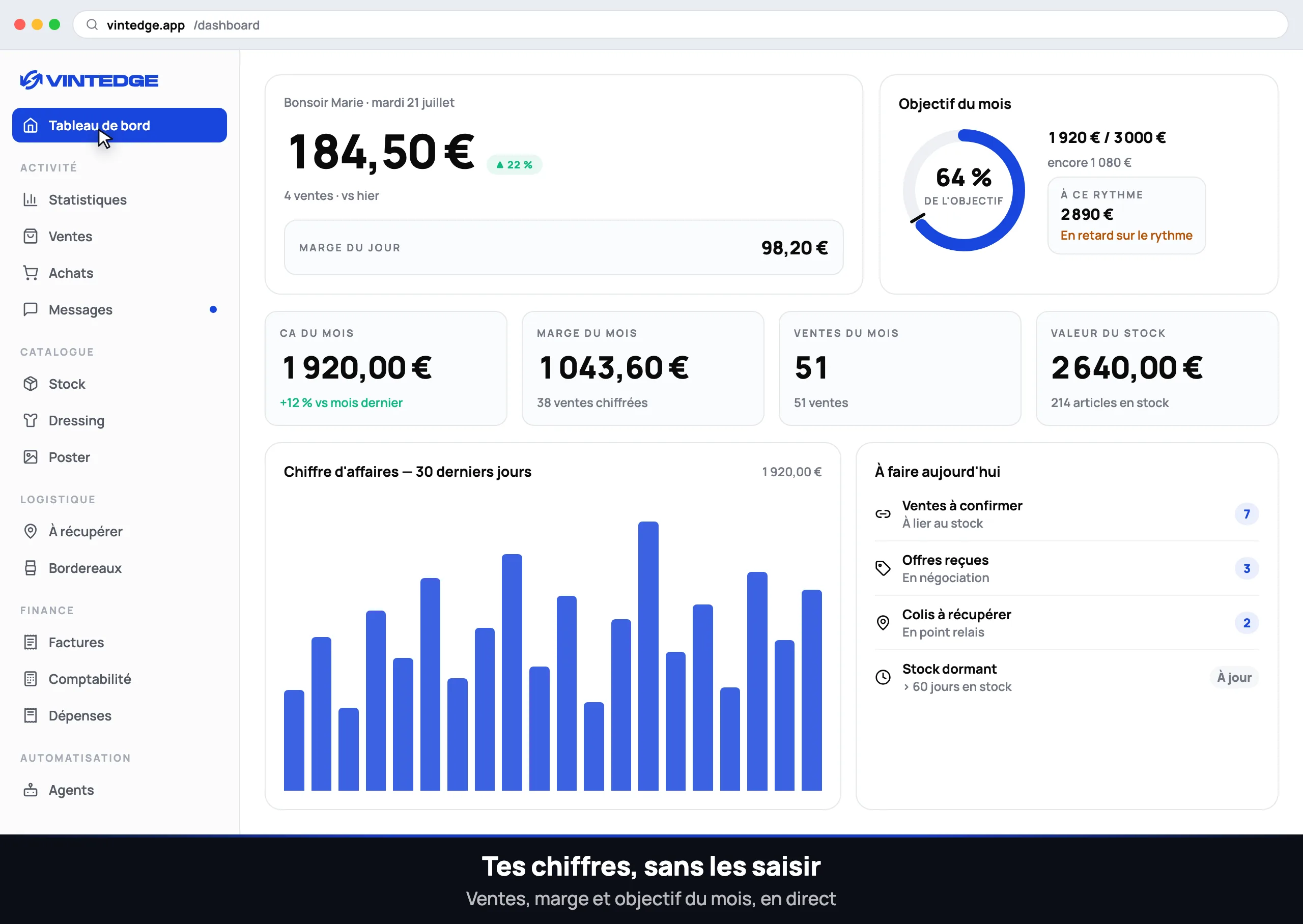 Le dashboard Revendor en cours d'utilisation : ventes synchronisées, stock, messagerie et agents automatiques.